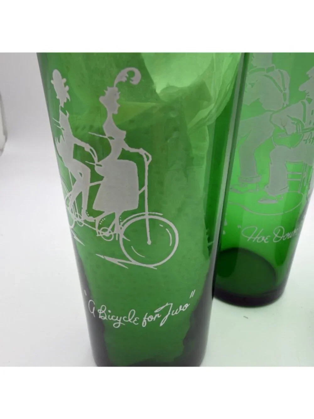 4 ANCHOR HOCKING GREEN DRINKING GLASSES MCM Various Scenes Highball 6.5”